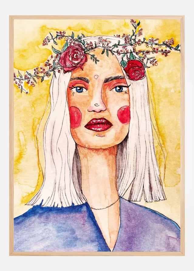 Lady with flower wreath Plagát
