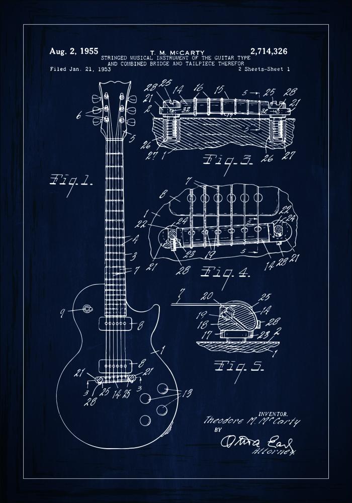 Motív patentov - Elektrická gitara v - Modrá farba Plagát