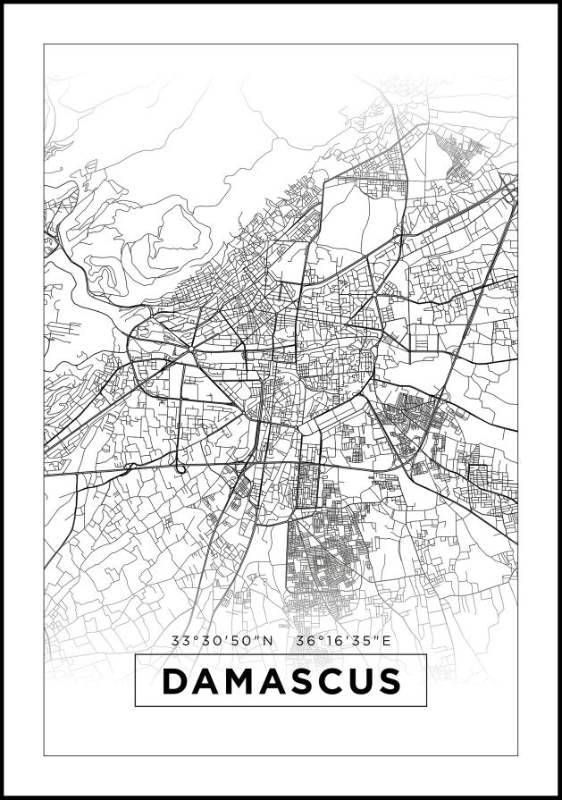 Mapa - Damascus - Biela Plagát