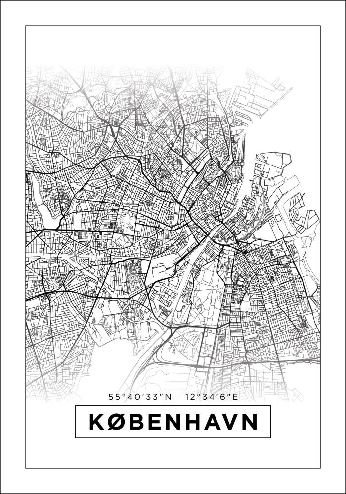 Mapa - København - Biela Plagát