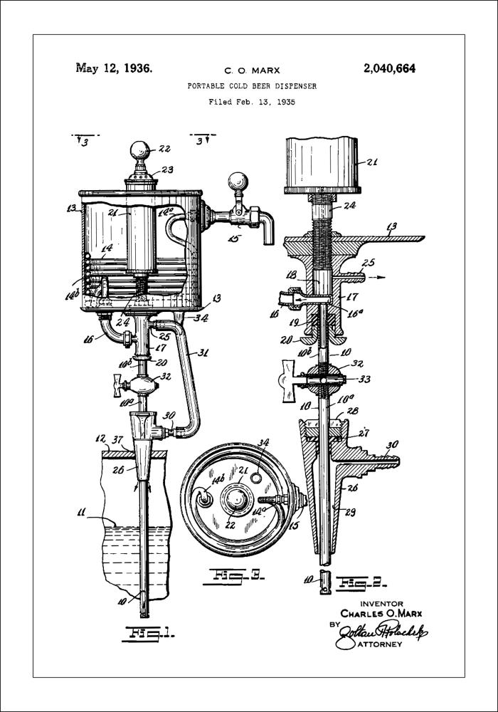 Patent Print - Portable Cold Beer Dispenser - White Plagát