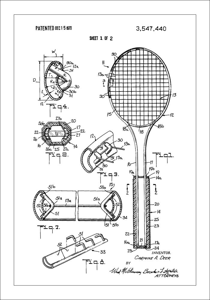 Patent Print - Tennis Racket - White Plagát