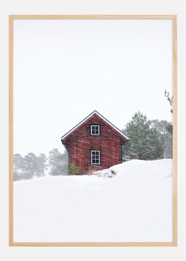 Old red house during snowstorm Plagát