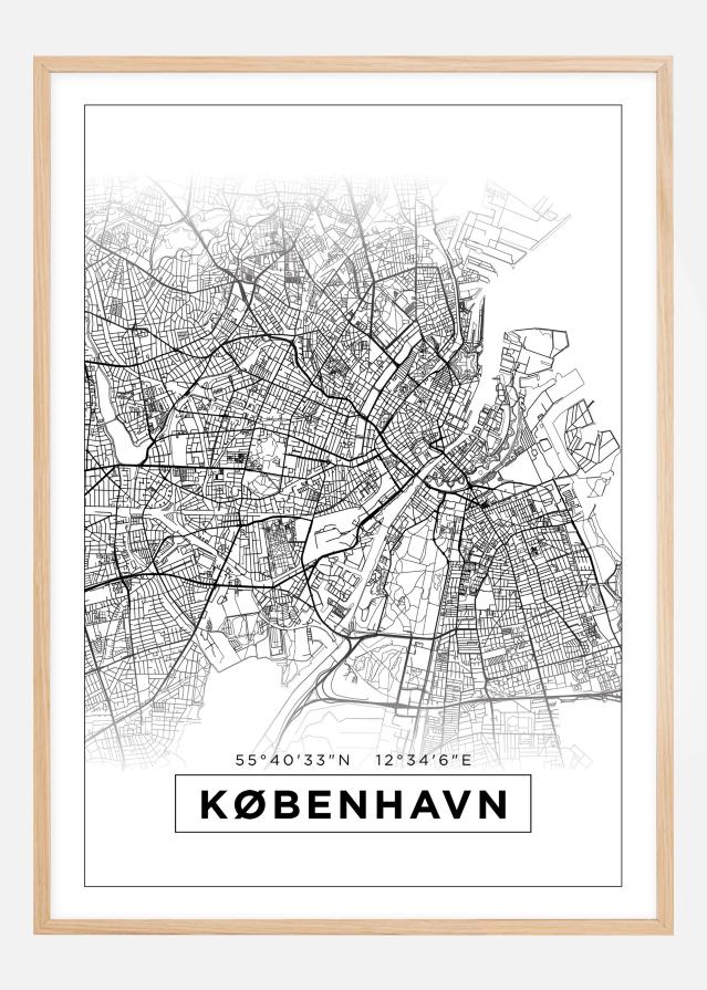 Mapa - København - Biela Plagát