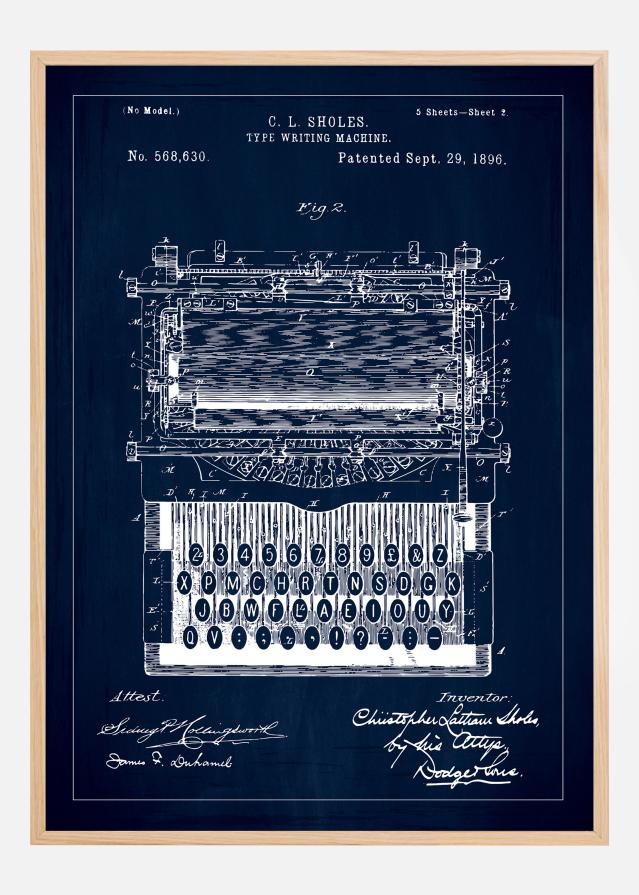 Motív patentov - Písací stroj - Modrá farba Plagát