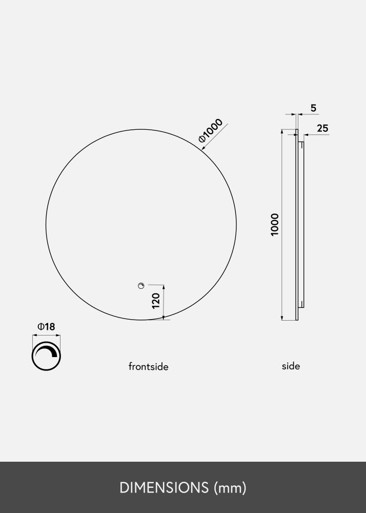 KAILA Zrkadlo LED 100 cm Ø