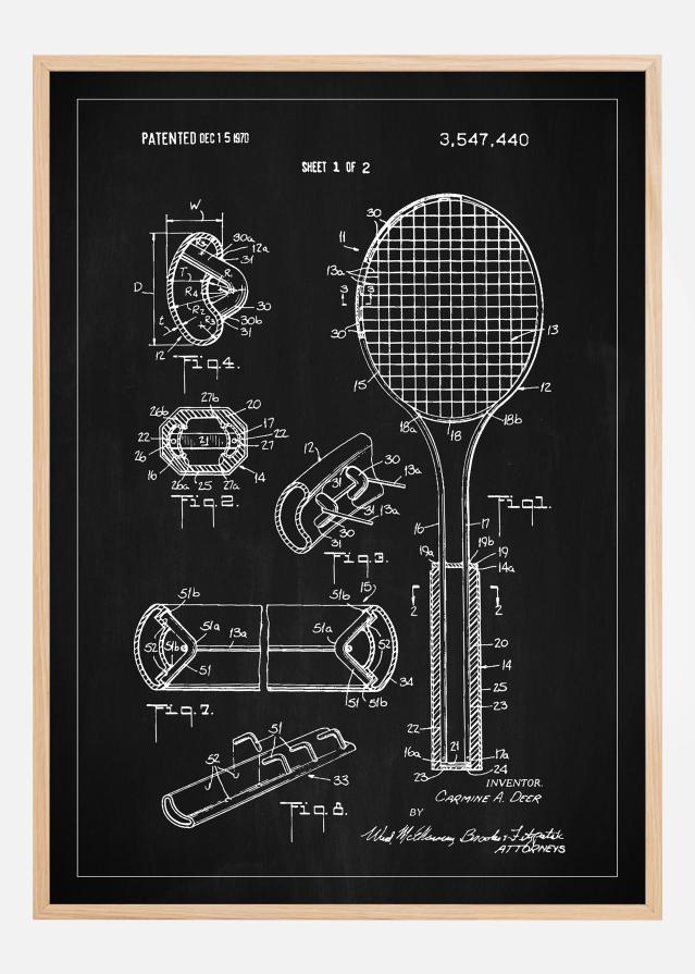 Patent Print - Tennis Racket - Black Plagát